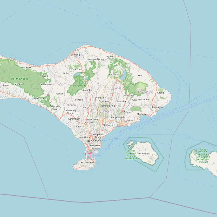 Map of Bali from Ubud to Mount Batur, Sekumpul, the Kusamba harbour and Ngurah Rai airport