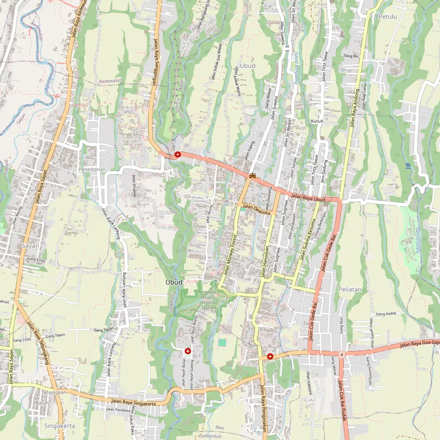 Map of central Ubud with the palace, the art market, Museum Puri Lukisan, the Monkey Forest, Campuhan and ARMA